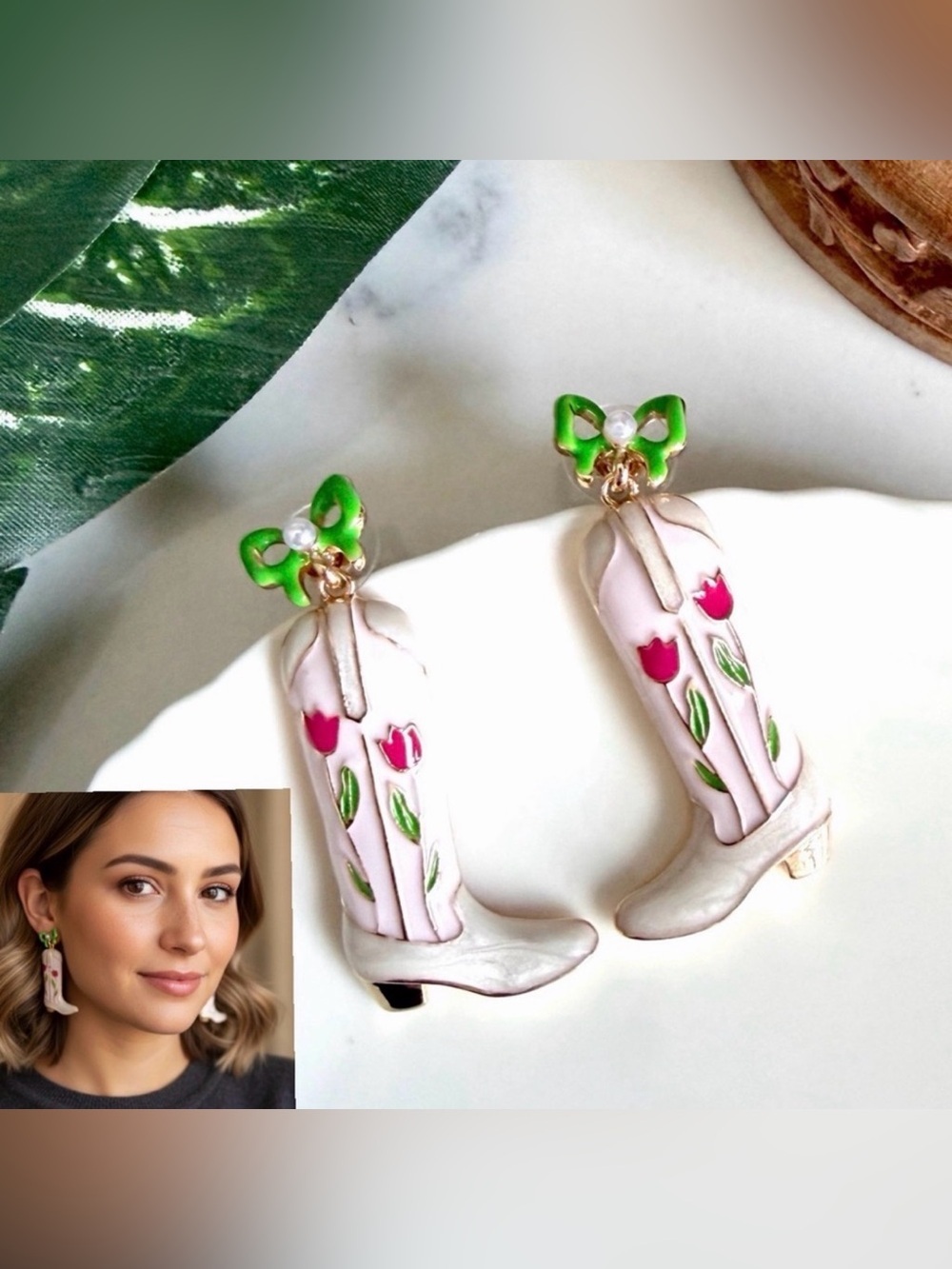 2/$30🌵 White Cowboy Boots Flower Enamel Earrings Gold Tone Bow Western Cowgirl